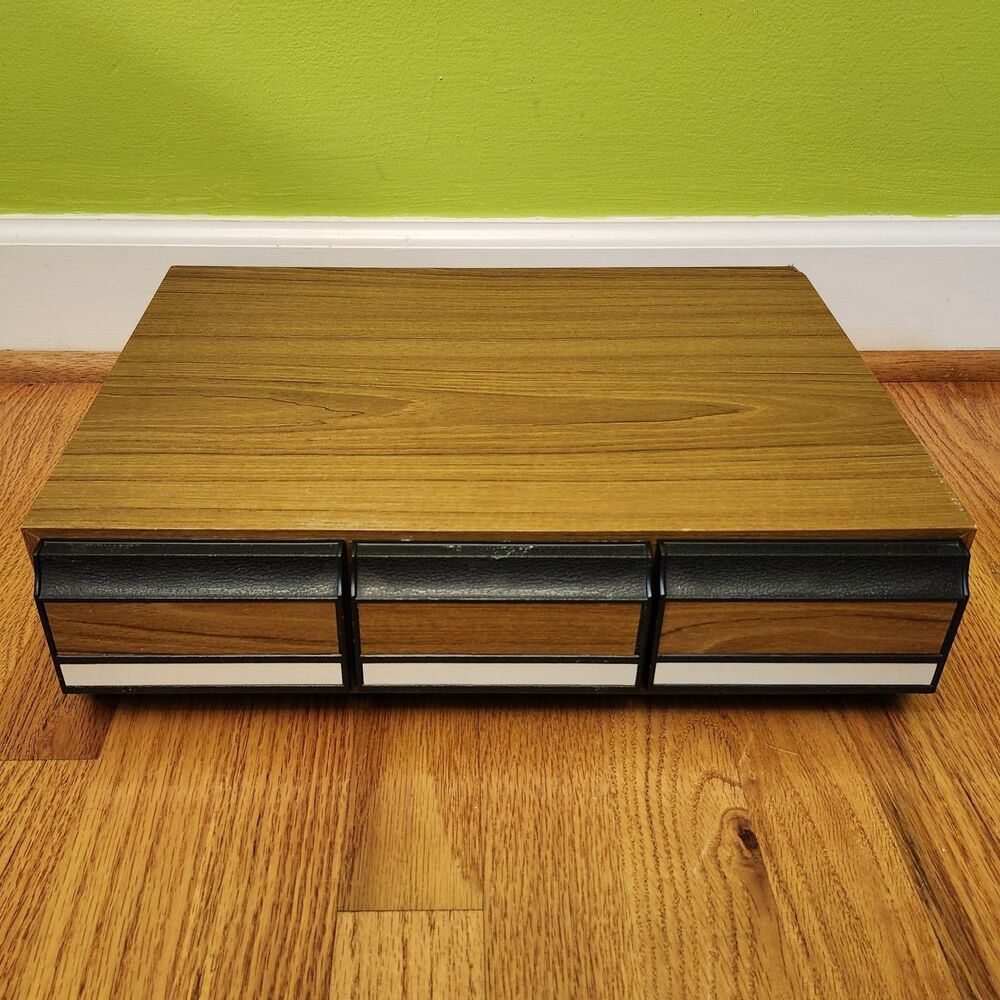 Vtg Wal-Mart Woodgrain Cassette Case 3-Drawer Storage Organizer Brown/Black